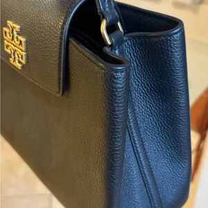 Tory Burch Black Leather Shoulder Bag with Gold Accents